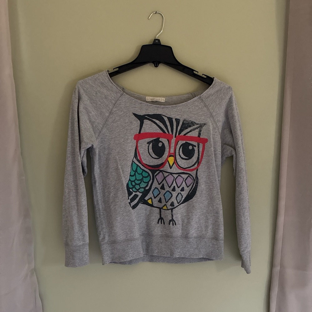 Forever 21 Grey Crewneck Sweatshirt with Owl Graphic and Pink Glasses